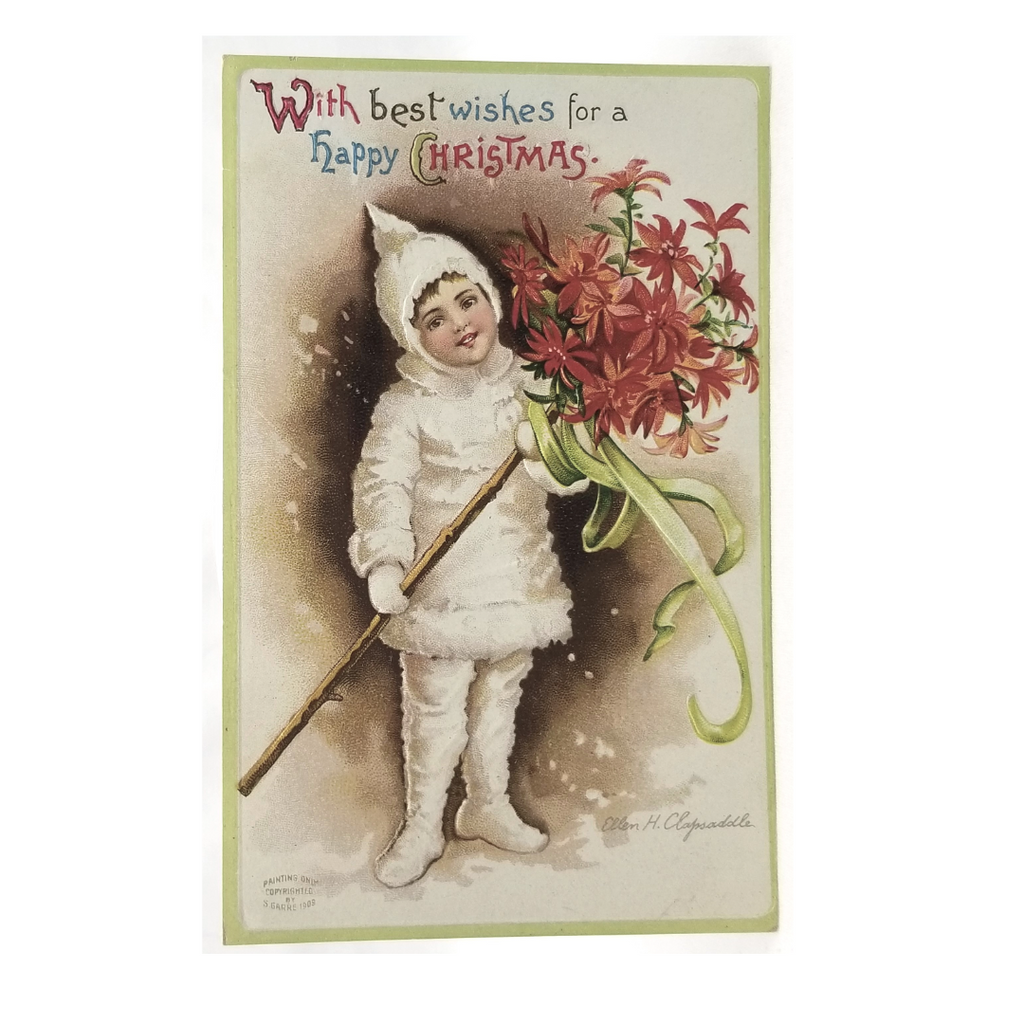 Vintage Christmas Postcard, Antique Holiday Card by Artist Ellen Clapsaddle Child in White Fur Elf Suit Holding Poinsettia Bouquet