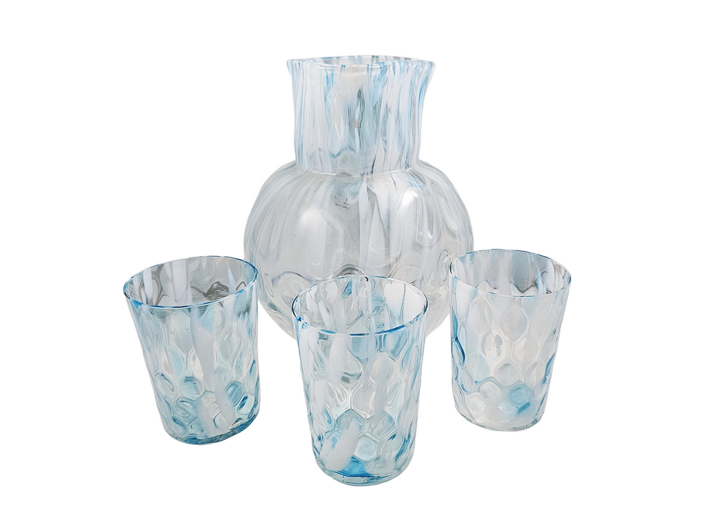 Phoenix Spot Optic Spatter Glass Four Piece Water Set Pitcher Tumblers Opal Blue