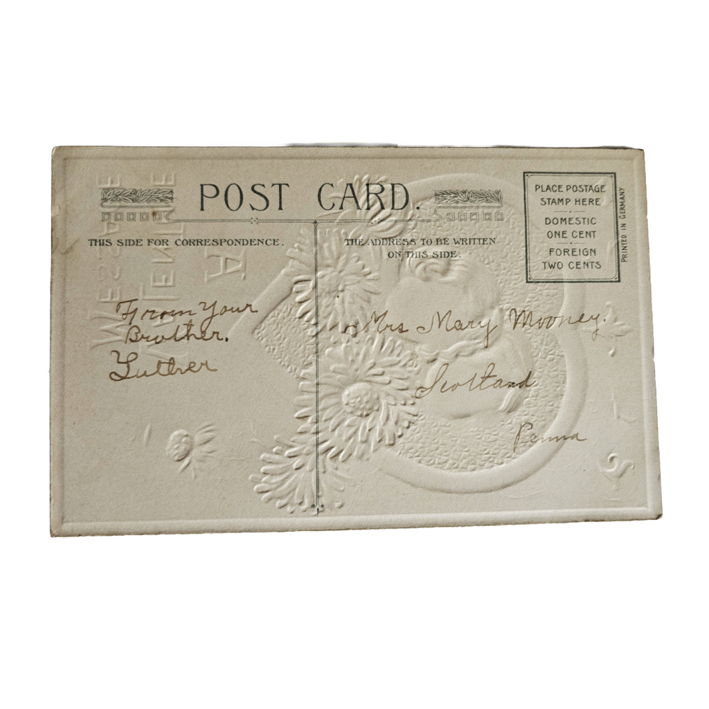 Vintage-style embossed postcard with text and floral design on a white background