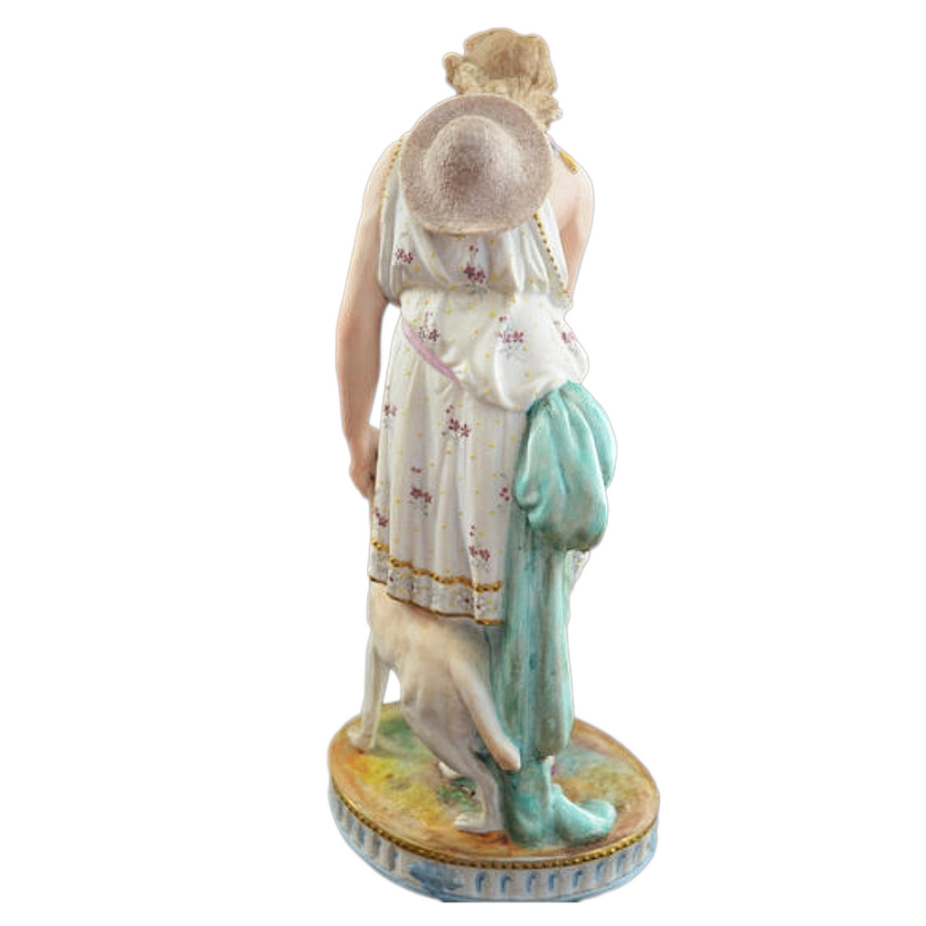 Old Paris French Bisque Sculpture Man and Dog Hand Painted Biscuit Porcelain 12" T Early Embossed Mark