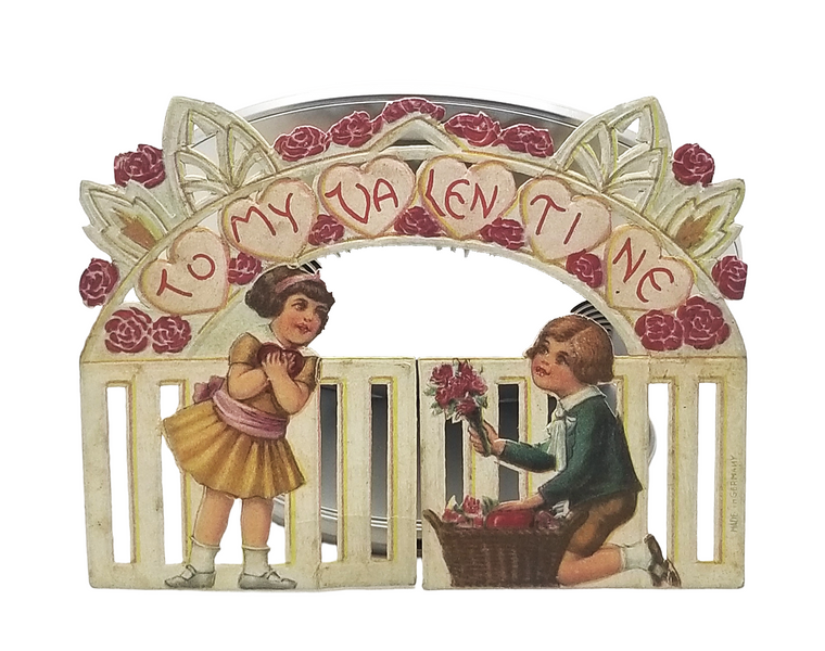 Vintage Die Cut Valentine Card Children at White Gate with Flowers