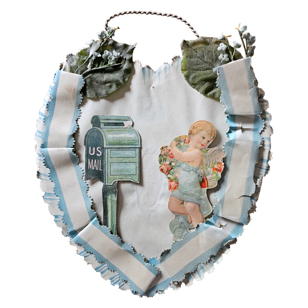 Large Antique Die Cut 3D Hanging Valentine Cupid with Mailbox