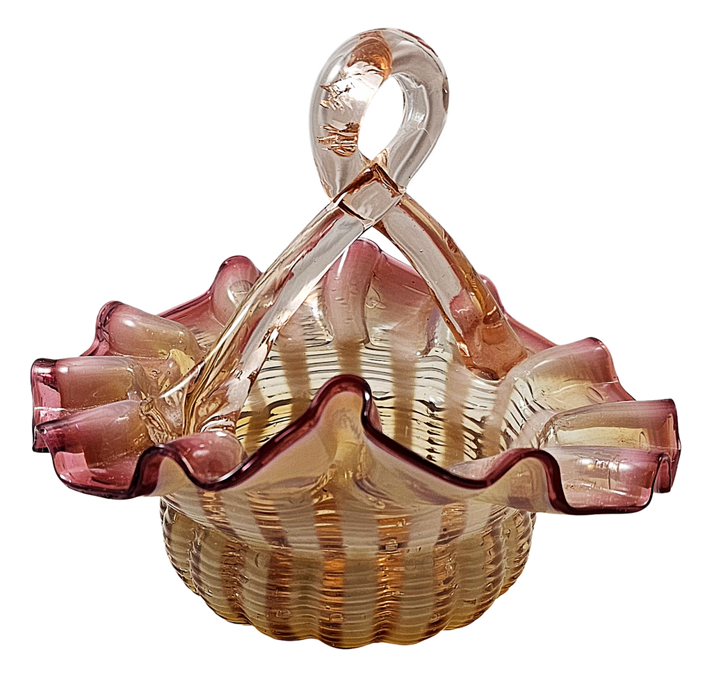 Victorian Stevens Williams Art Glass Miniature Pink Opalescent Stripe Basket
