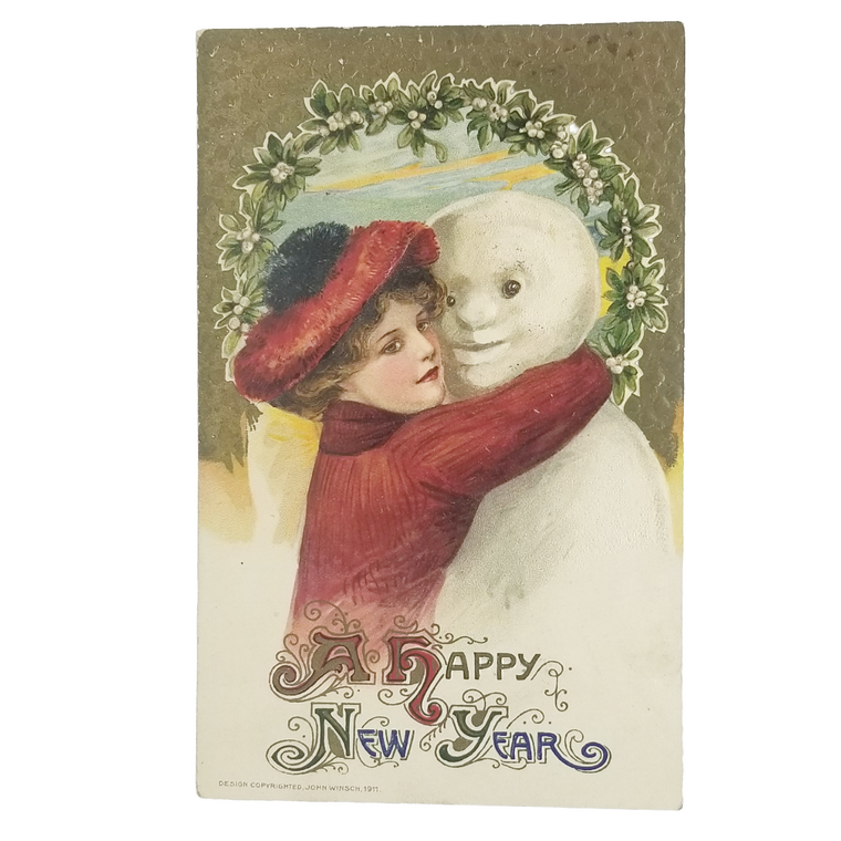 New Year Postcard Woman Hugging Snowman Winsch Schmucker