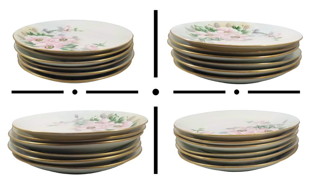 Bavarian Porcelain Plate Set of Six (6) Hand Painted Pink Floral Decor