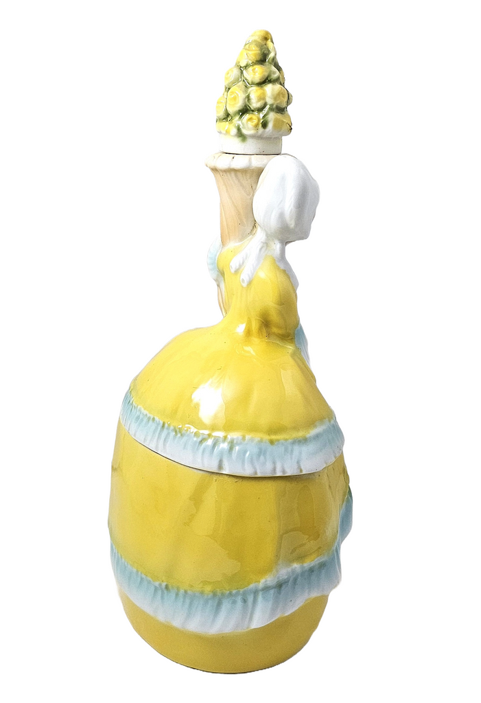 Bavarian Porcelain Erphila Yellow Figural Woman Powder Box Jar & Perfume Half Doll