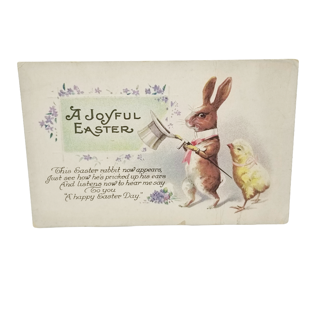 Vintage-style Easter card with a rabbit and chick, featuring text 'A Joyful Easter'.