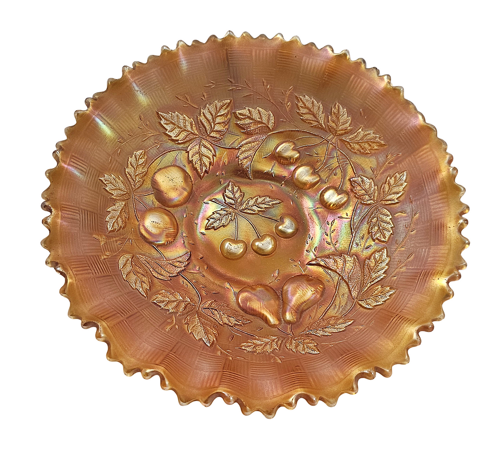 Northwood Marigold Three Fruits Carnival Glass Bowl Basket Weave Back