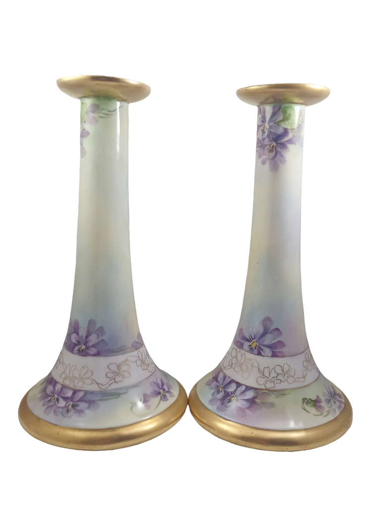 Limoges Porcelain Candle Holders Hand Painted Violets Artist Signed Perl