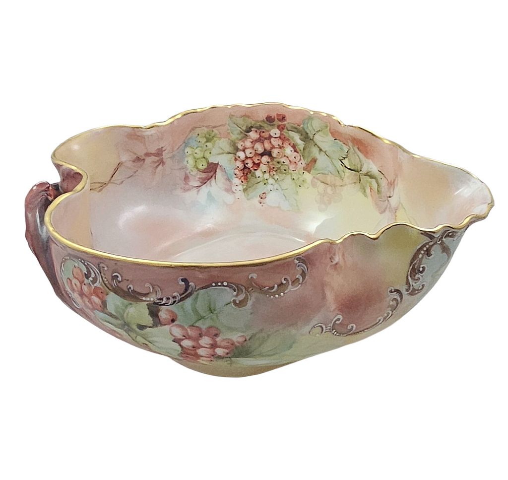 LIMOGES Porcelain Bowl Hand Painted Red Currants Branch Handle
