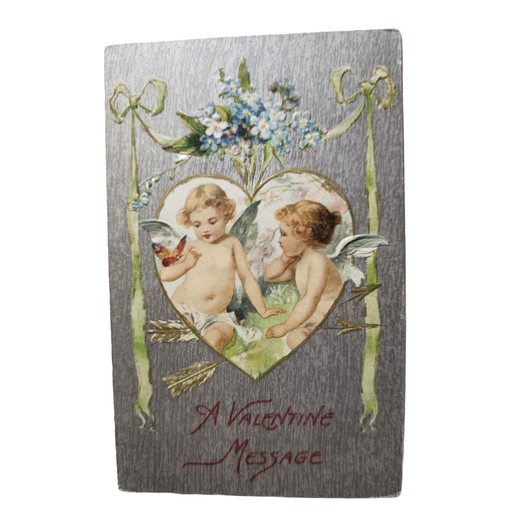 Valentine Postcard Schmucker Cupid Cherubs with Silver Background Winsch Pub