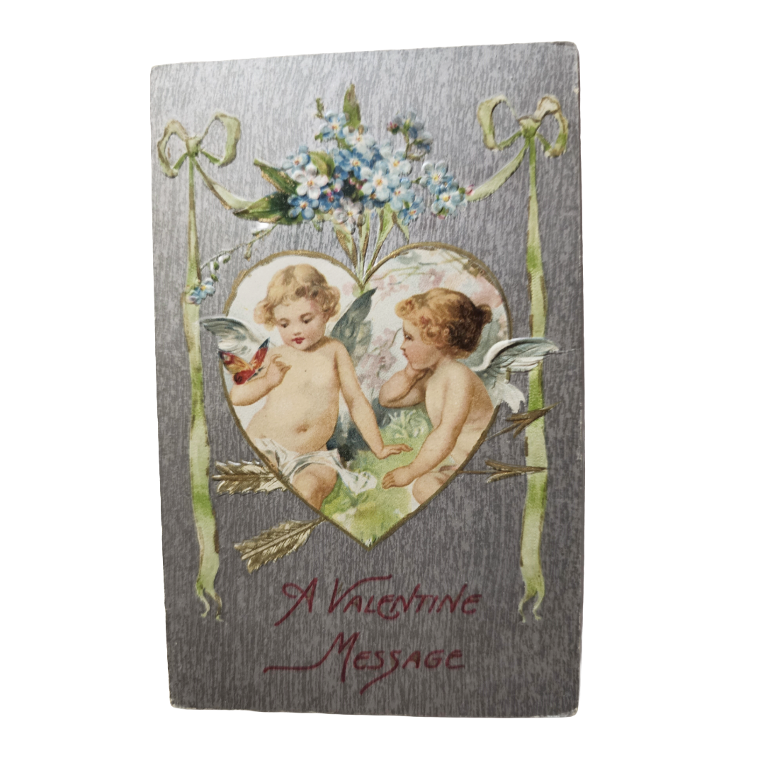 Valentine Postcard Schmucker Cupid Cherubs with Silver Background Winsch Pub