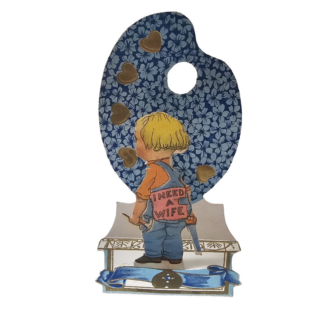 Vintage Die Cut Valentine Card Little Carpenter Boy I Need a Wife