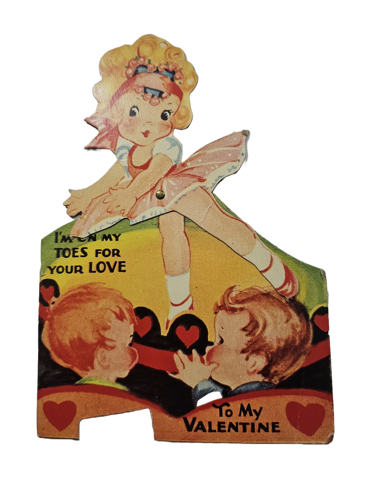 Vintage Antique Die Cut Mechanical Valentine Card 1930s Ballerina Dancer with Boys in Audience