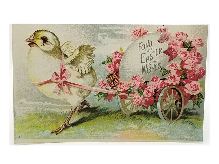 Antique Vintage German Easter Postcard, Baby Chick Pulling Egg Wagon Covered in Pink Flowers IAP Publishing