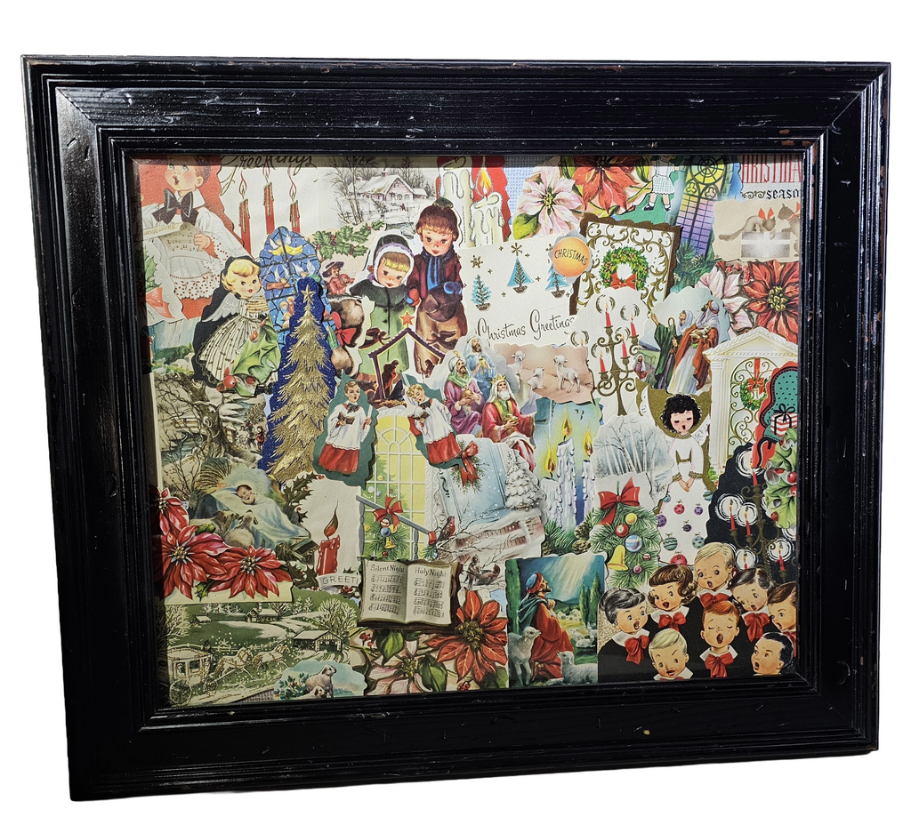 Framed Mid Century MCM Vintage Christmas Card Collage Puzzle Art