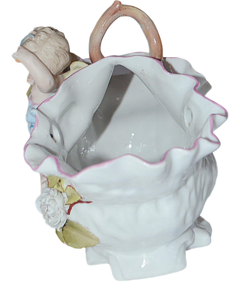 Large Antique Sitzendorf Porcelain Floral Encrusted Cherub Putti Basket