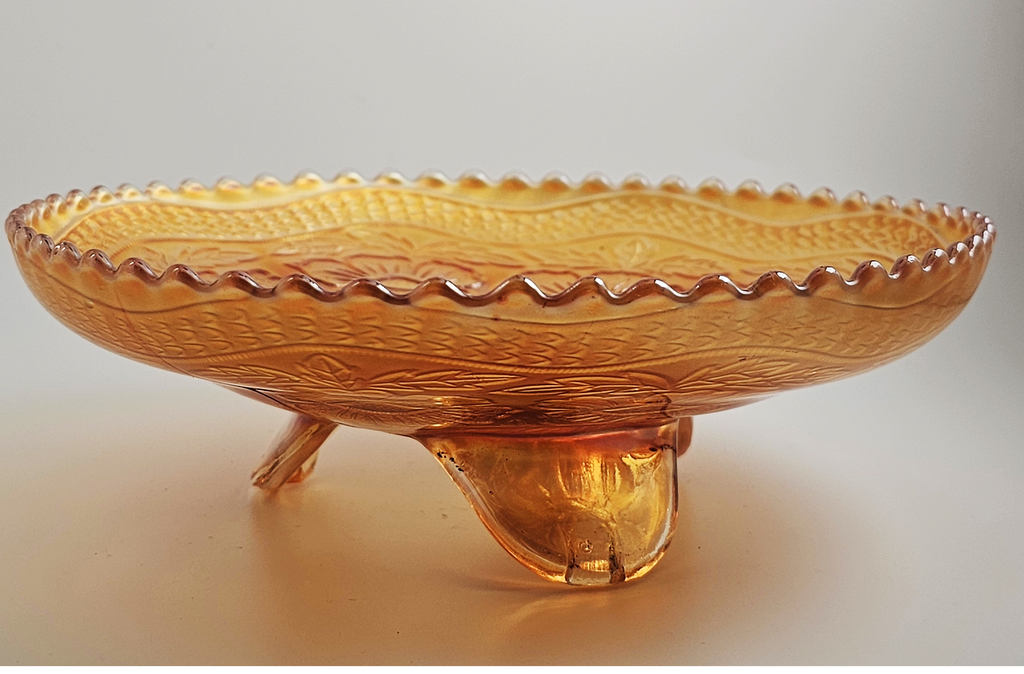 Fenton Marigold Carnival Glass Footed Bowl: Dogwood & Marsh Lily Pattern