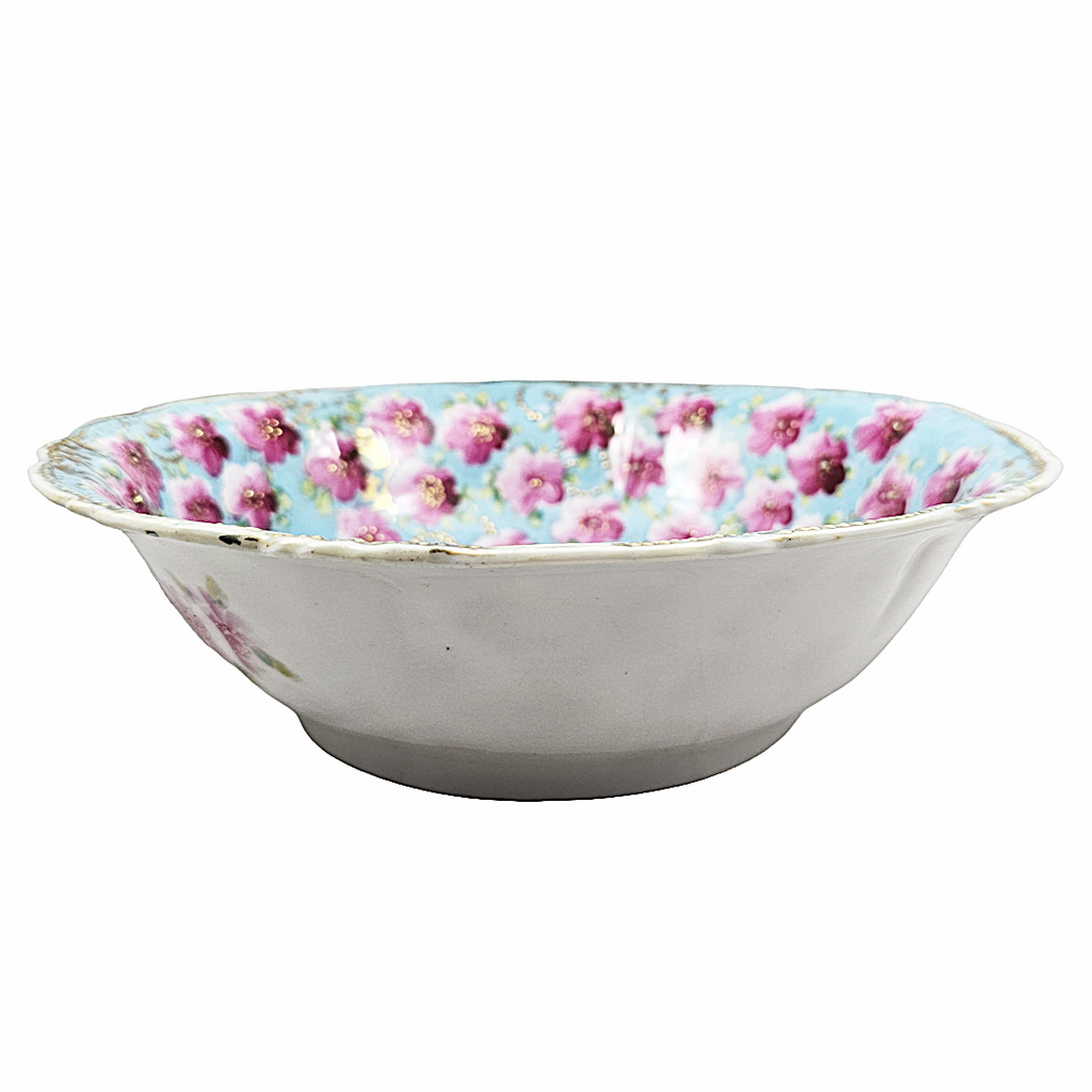 Antique Large Nippon Bowl Blue w/ Pink Flowers Moriage Gold