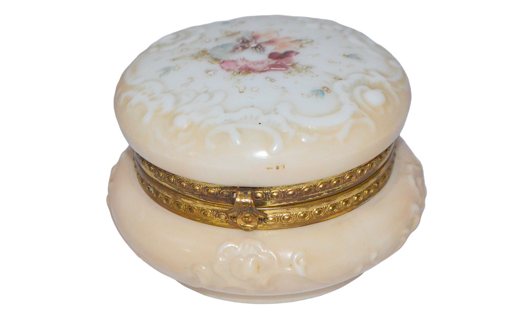 CF Monroe Wave Crest Art Glass Dresser Box Pansies & Scroll Vanity Jar