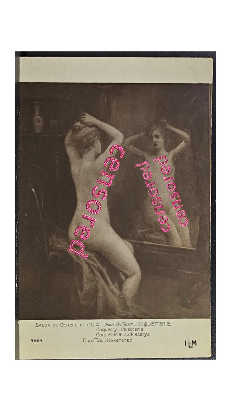 French Salon Postcard 1900s Nude Woman Seated in Chair In Front of Mirror Fixing Hair