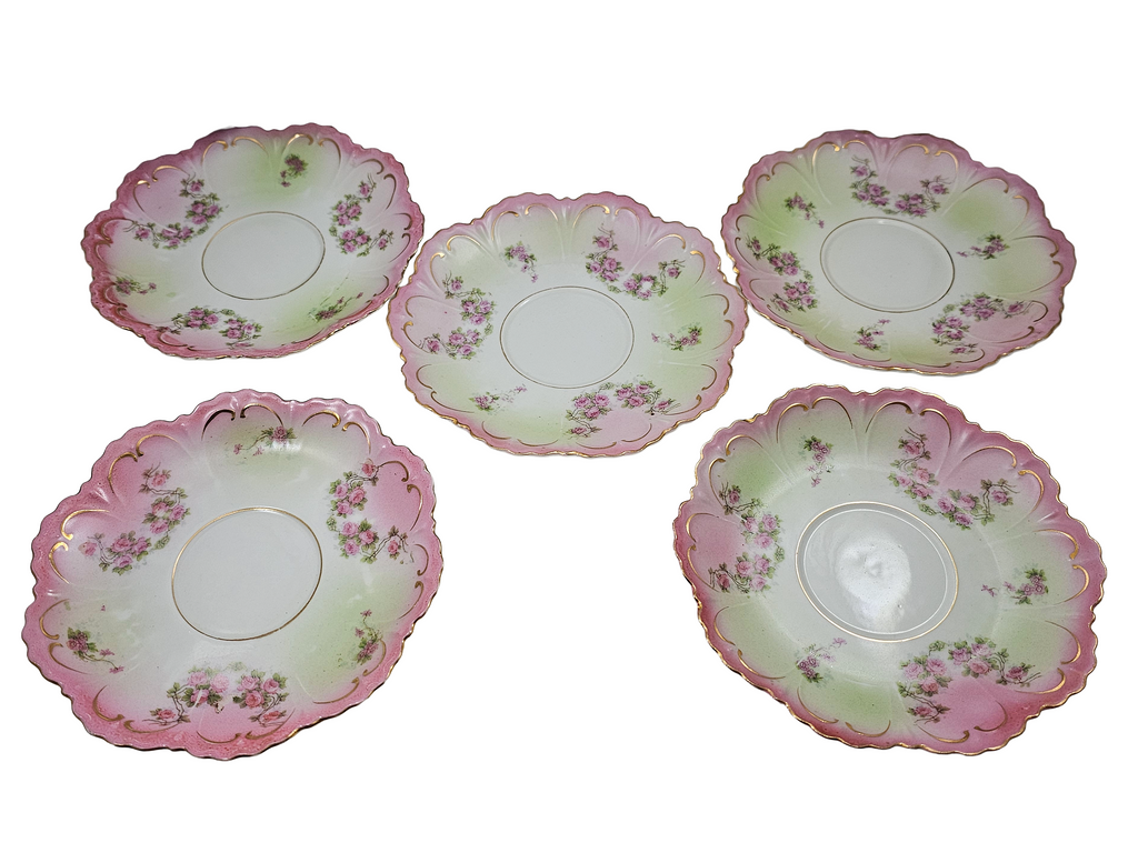 Antique Austrian Floral Porcelain Pink & Green Ornate 10 pc Cup Set