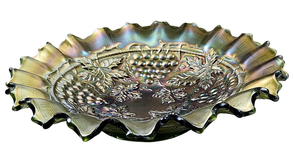 Antique Vintage Northwood Glass Green Grape and Cable Carnival Glass Bowl