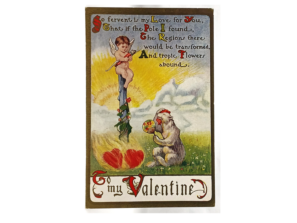 Antique Vintage Valentine Postcard, Cupid with Polar Bear & Poem Gold Border