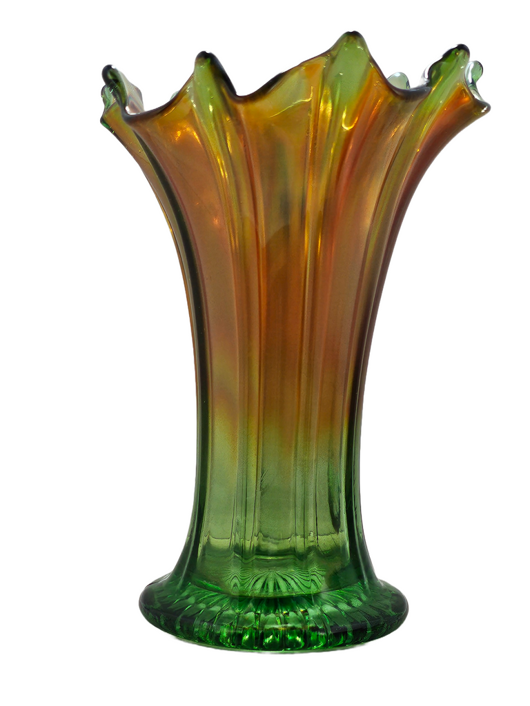 Antique Northwood Thin Ribbed Carnival Glass Vase, Marigold & Green Standard Swung Carnival Vase