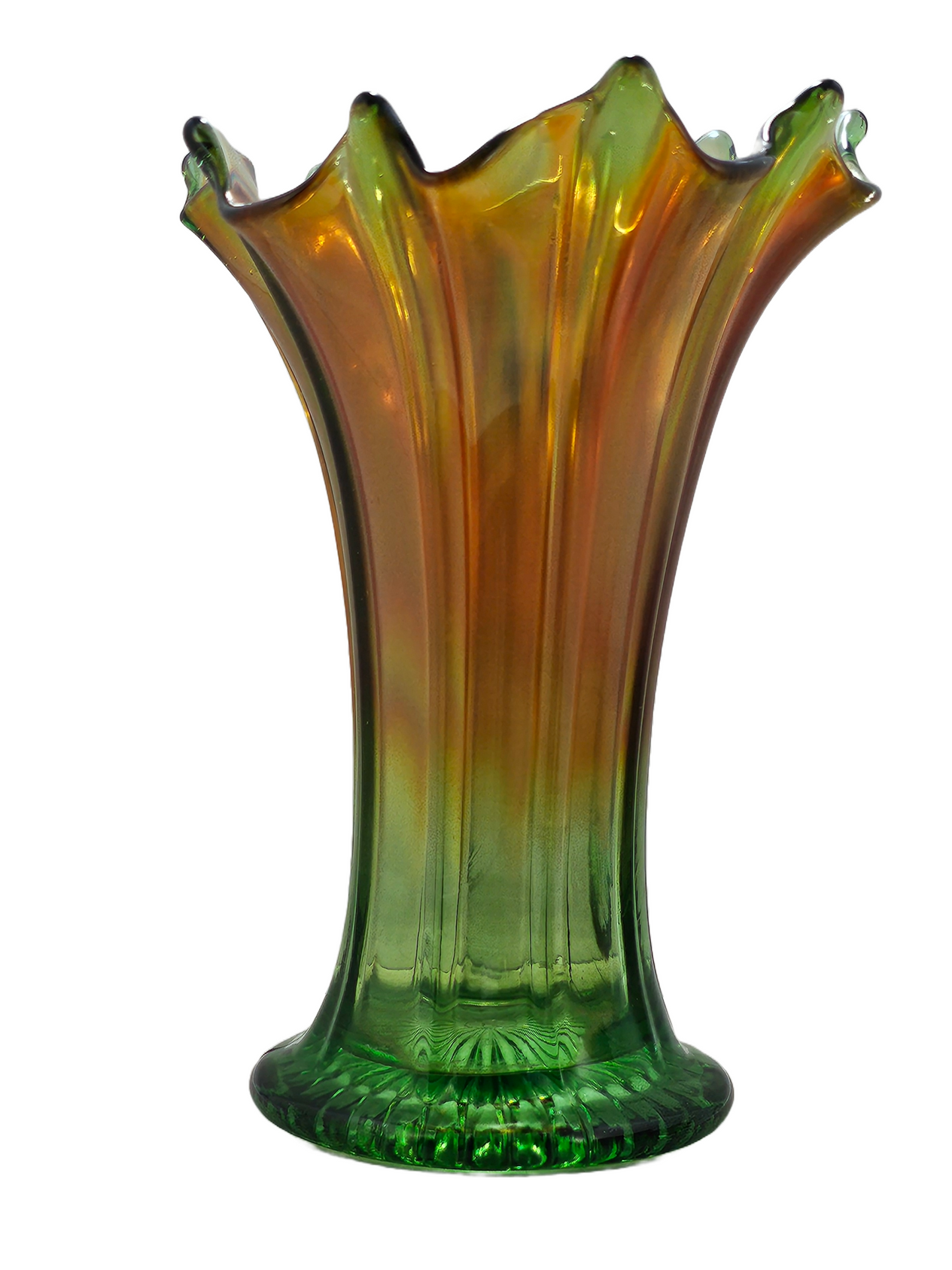 Northwood Thin Ribbed Swung Marigold Green Carnival Glass Vase