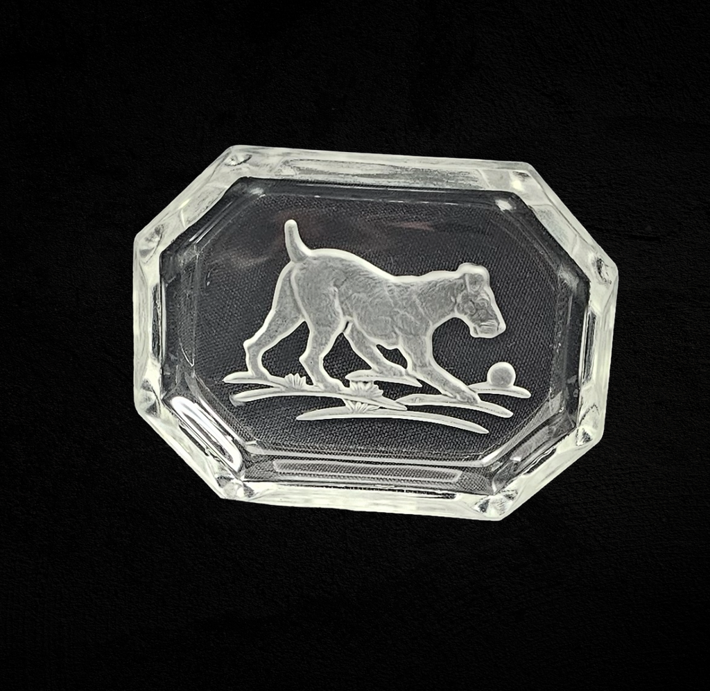 Art Deco Bohemian Czech Intaglio Glass Open Salt Cellar Schnauzer Dog w/ Ball