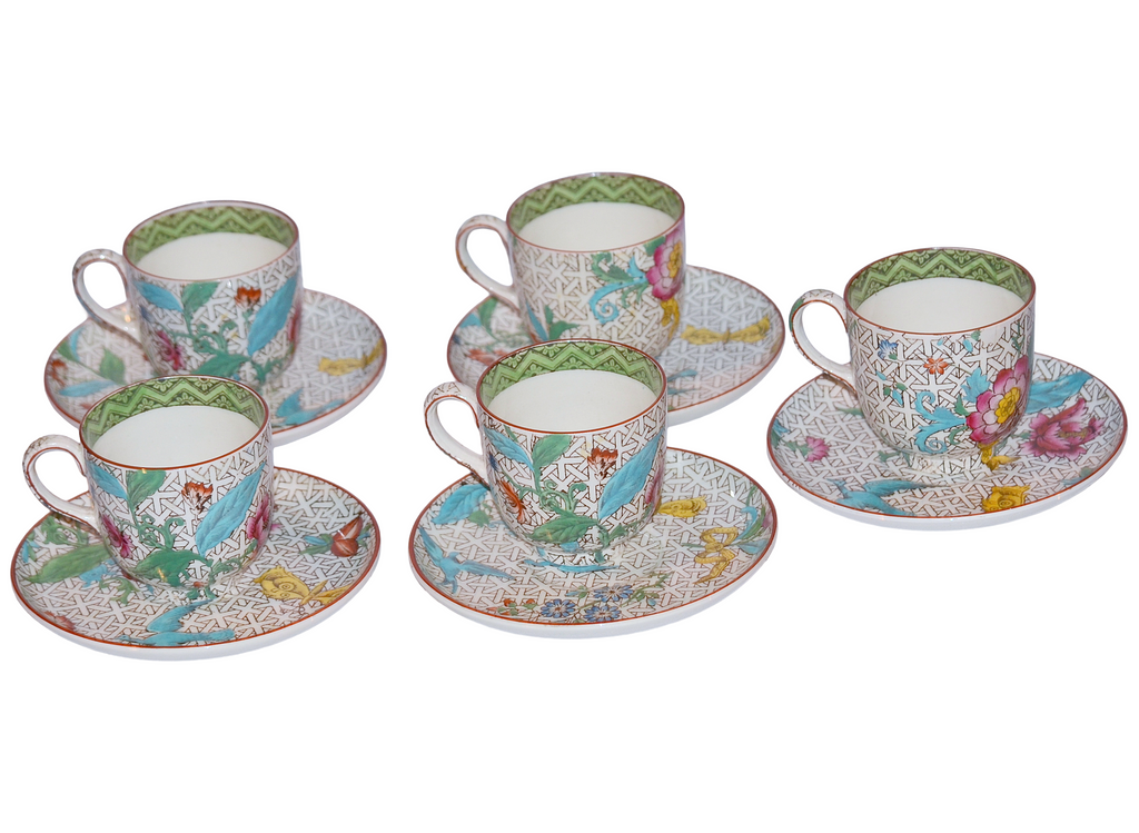 Wedgwood Demitasse 10 PC Cup Saucer Set HP Enamel Birds w/ Flowers