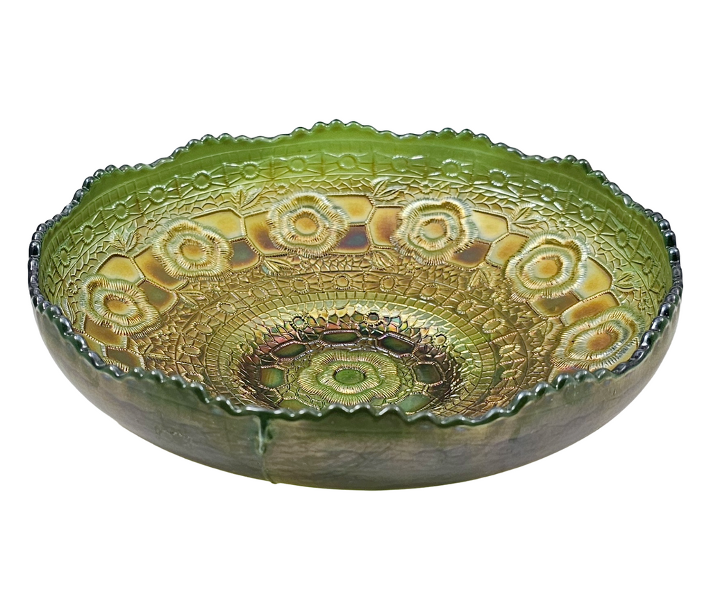 Antique Fenton Green Captive Rose Carnival Glass Round Bowl