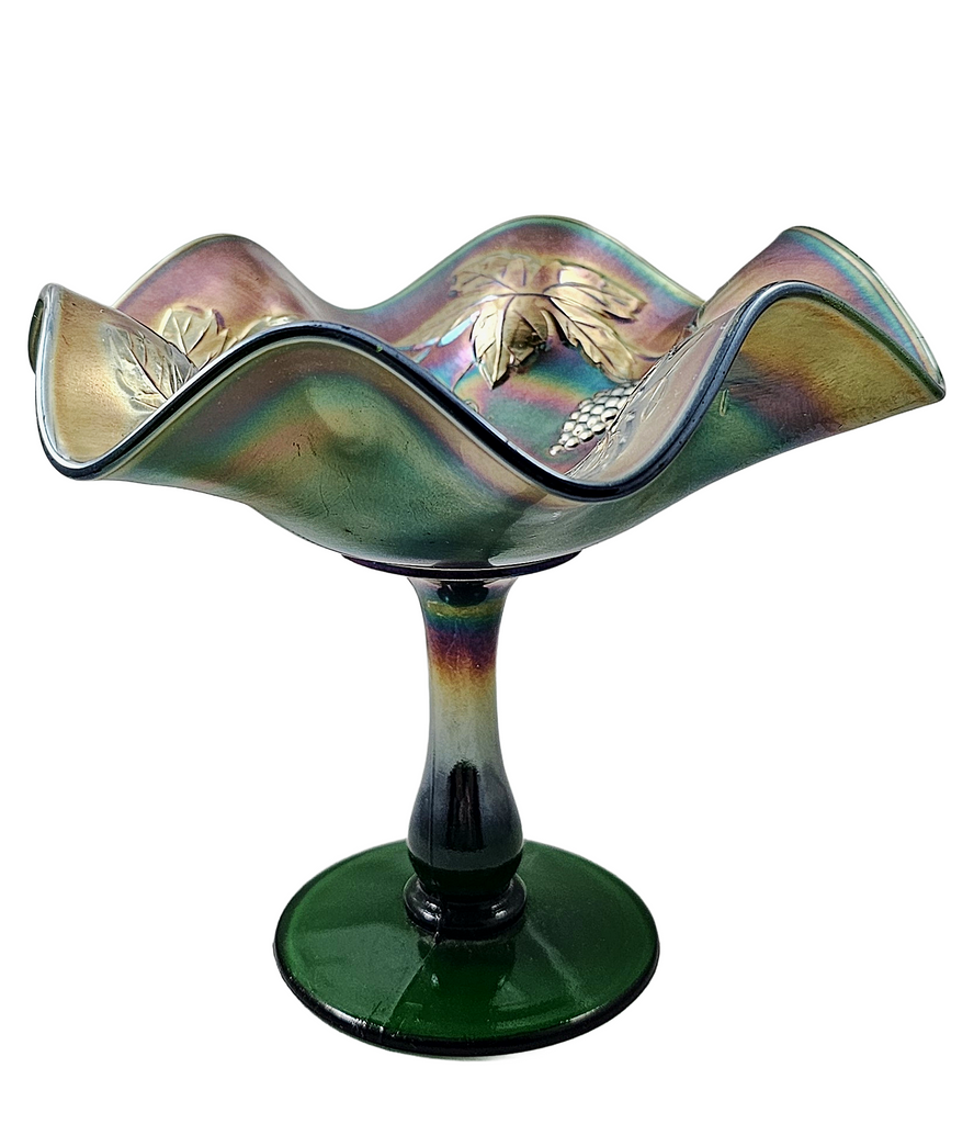 Fenton Grape & Leaves Green Carnival Glass Compote