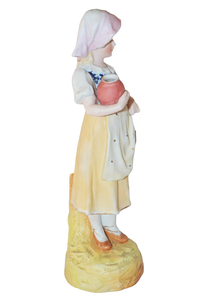 Heubach Bisque Porcelain Parlor Statue Peasant Woman Holding Jug