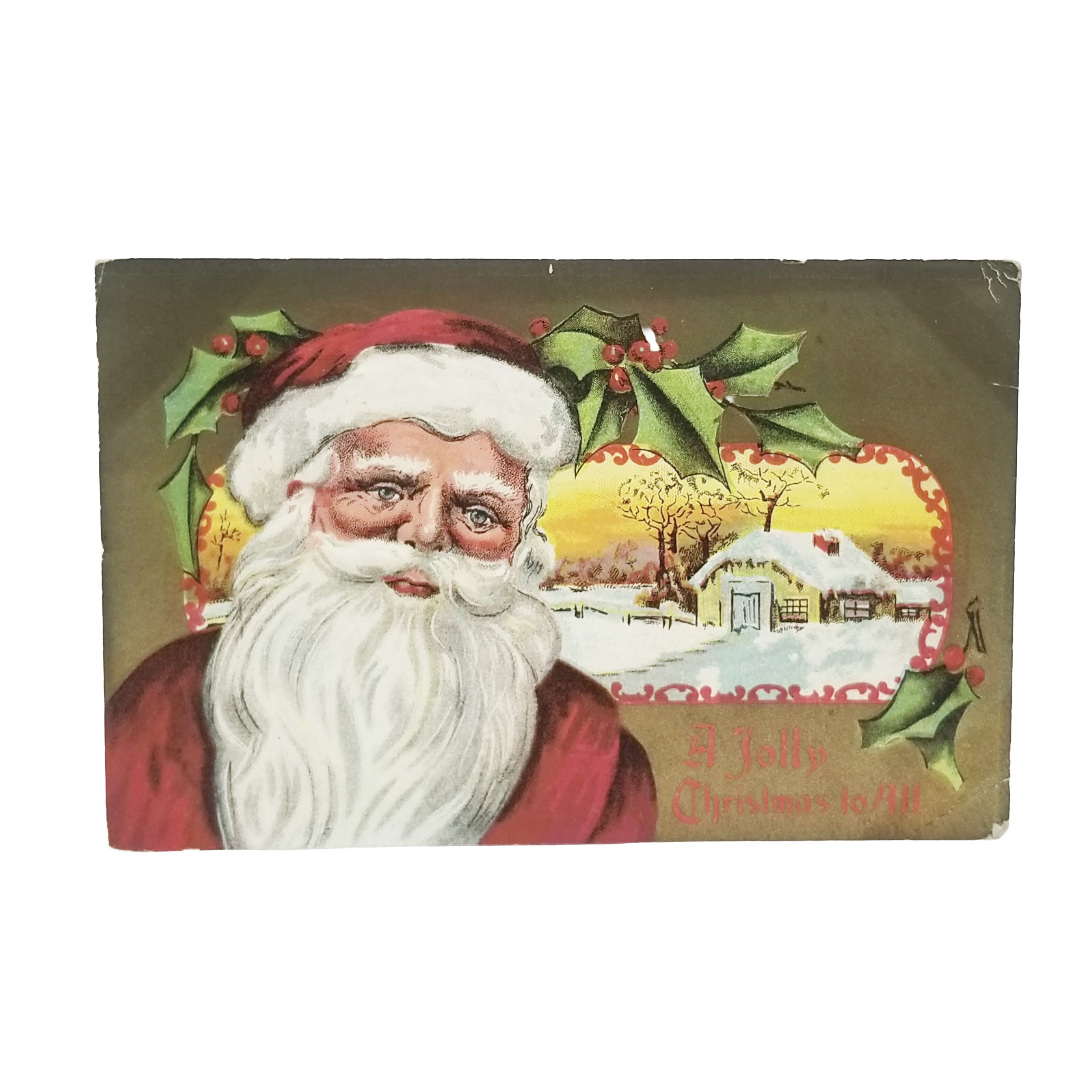 Christmas Postcard Santa Claus with Gold Background Landscape in Snow