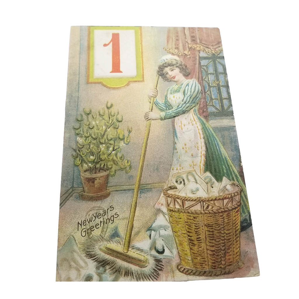 New Year Postcard Pretty Maid Sweeping Dates Gold Embossed Series 8080