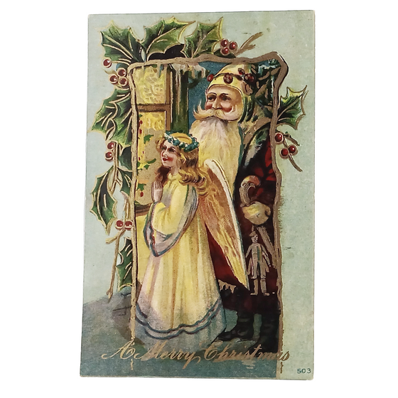 Christmas Postcard  Old World Santa with Angel Gold Highlights