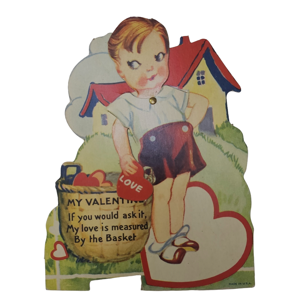 Vintage Die Cut Mechanical Valentine Card Boy with Basket of Hearts