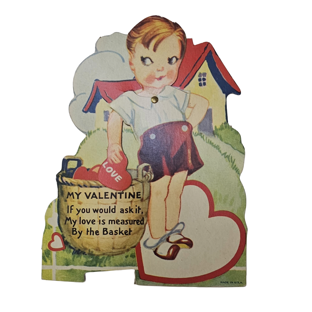Vintage Die Cut Mechanical Valentine Card Boy with Basket of Hearts