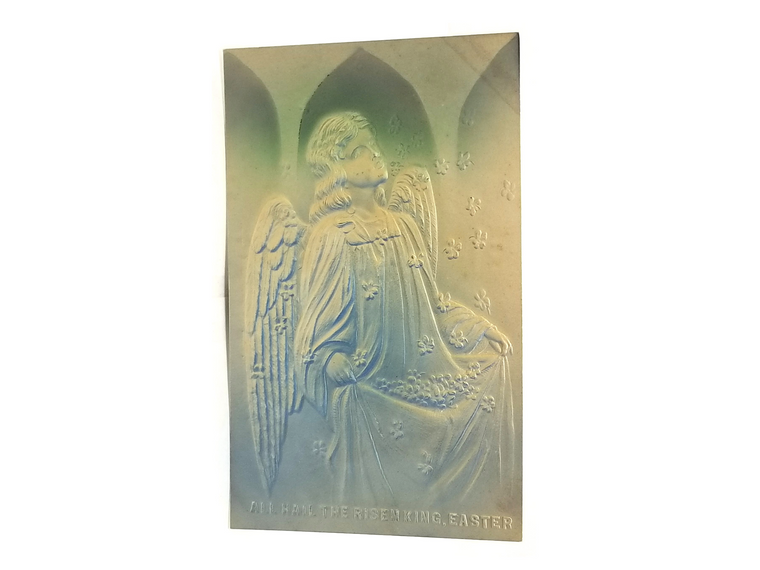 Antique Vintage Easter Postcard, Airbrush Painted Angel Kneeling In Front of Windows 1900s Card