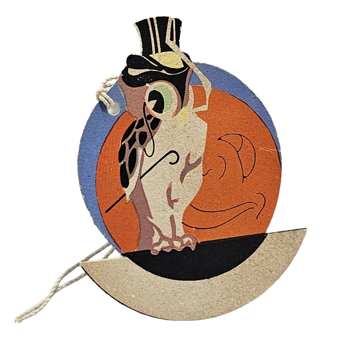 Vintage Halloween Rust Craft Deco Era Tally Card Die Cut Owl Moon Top Hat Pipe