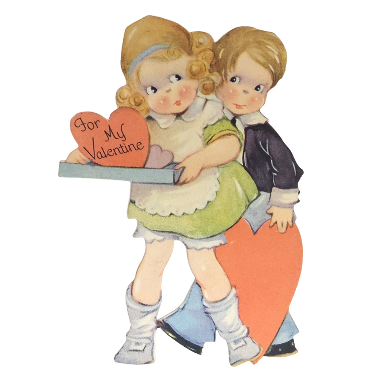 Vintage Die Cut Valentine Card Boy & Girl Carrying a Tray of Hearts