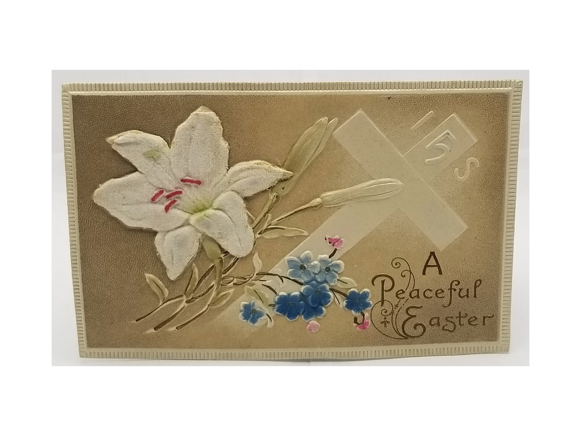 Antique Vintage Easter Postcard, Airbrush Painted Art Nouveau Style Card with Applied Silk Flower and Cross