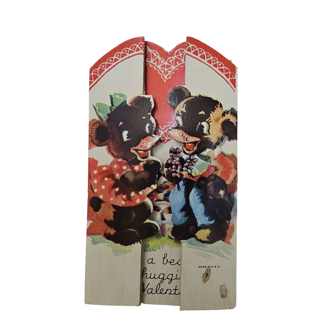 Vintage Die Cut Valentine Card Anthropomorphic Bears Boy Bringing Flowers