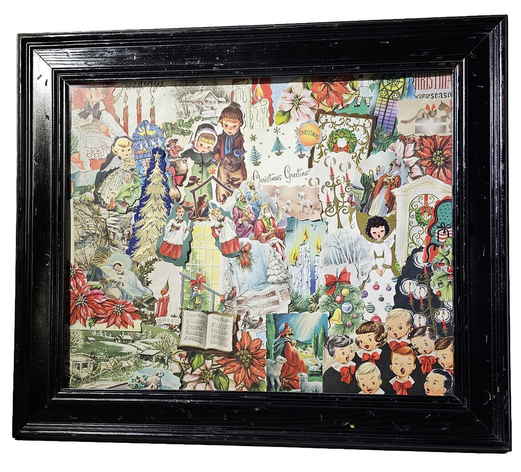 Framed Mid Century MCM Vintage Christmas Card Collage Puzzle Art