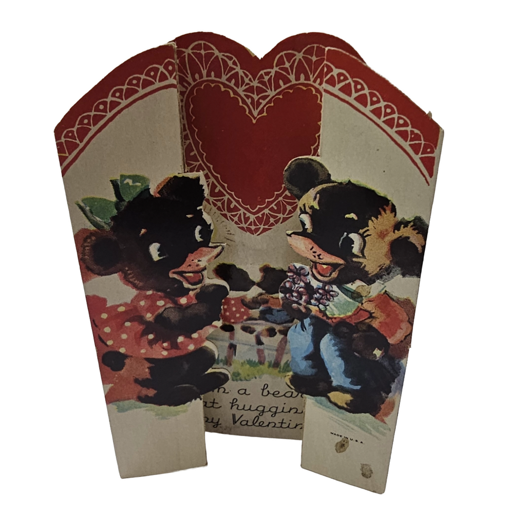 Vintage Die Cut Valentine Card Anthropomorphic Bears Boy Bringing Flowers