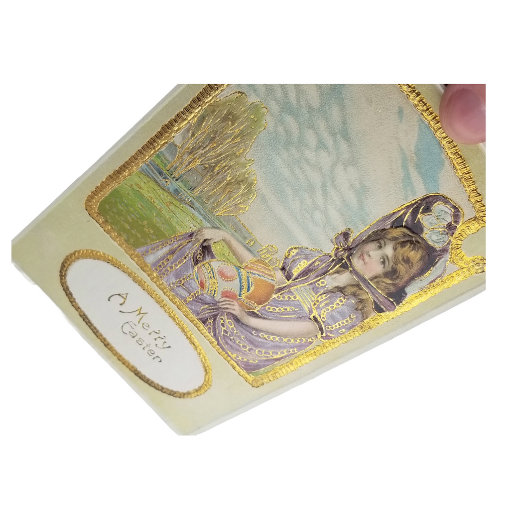 Gold Embossed Art Nouveau Easter Postcard Girl in Purple Holding Painted Eggs