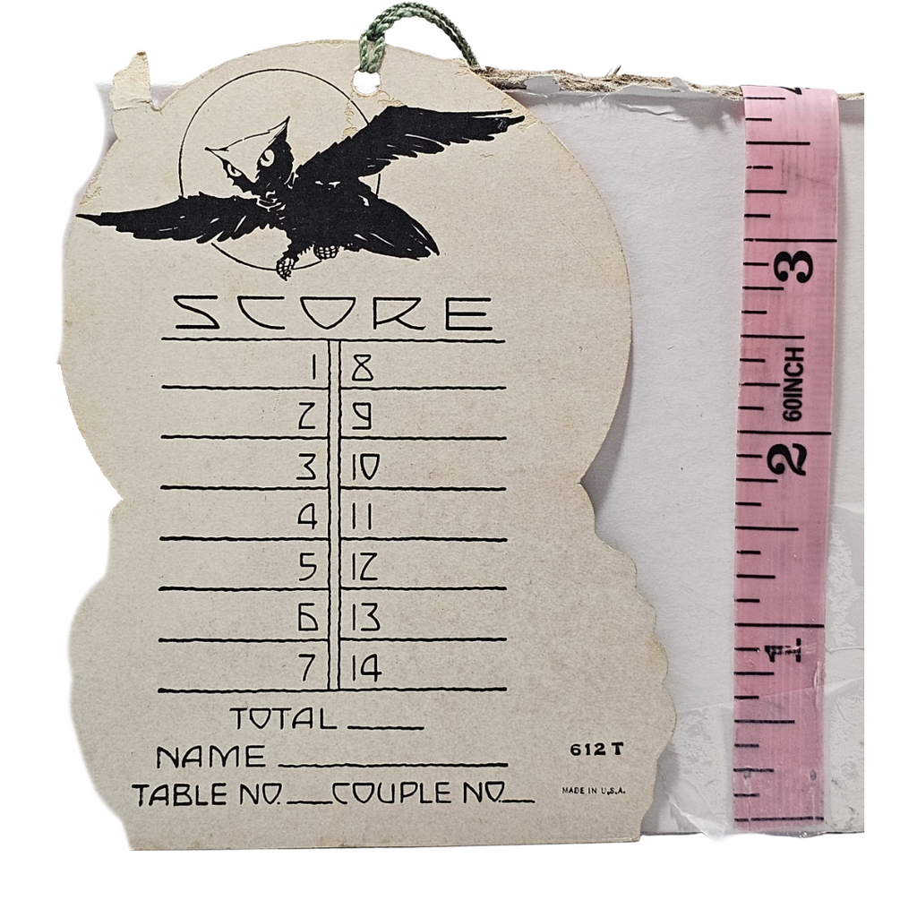 Vintage Halloween Die Cut Tally Card Black Owl In Front of Orange Moon