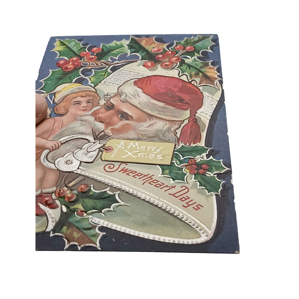 Christmas Postcard Silver Embossed Bell Santa Claus & Elf Sweetheart Series 1